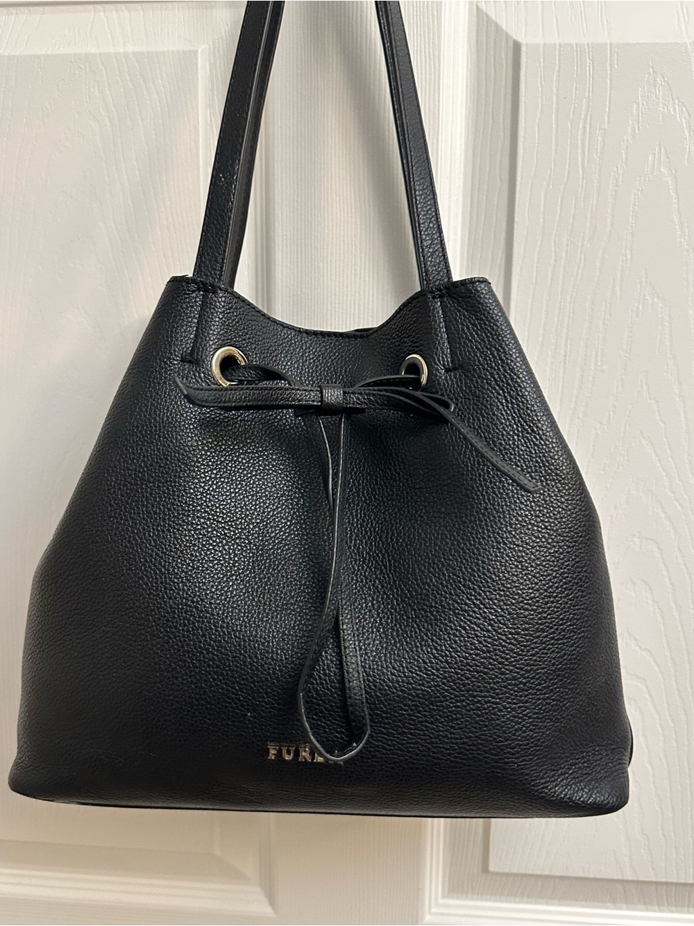 Furla Black Pebbled Leather Drawstring Shoulder Tote